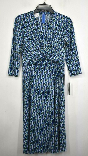 Donna Morgan Womens Blue Crewneck Twisted Front 3/4 Sleeves Pleated Dress
