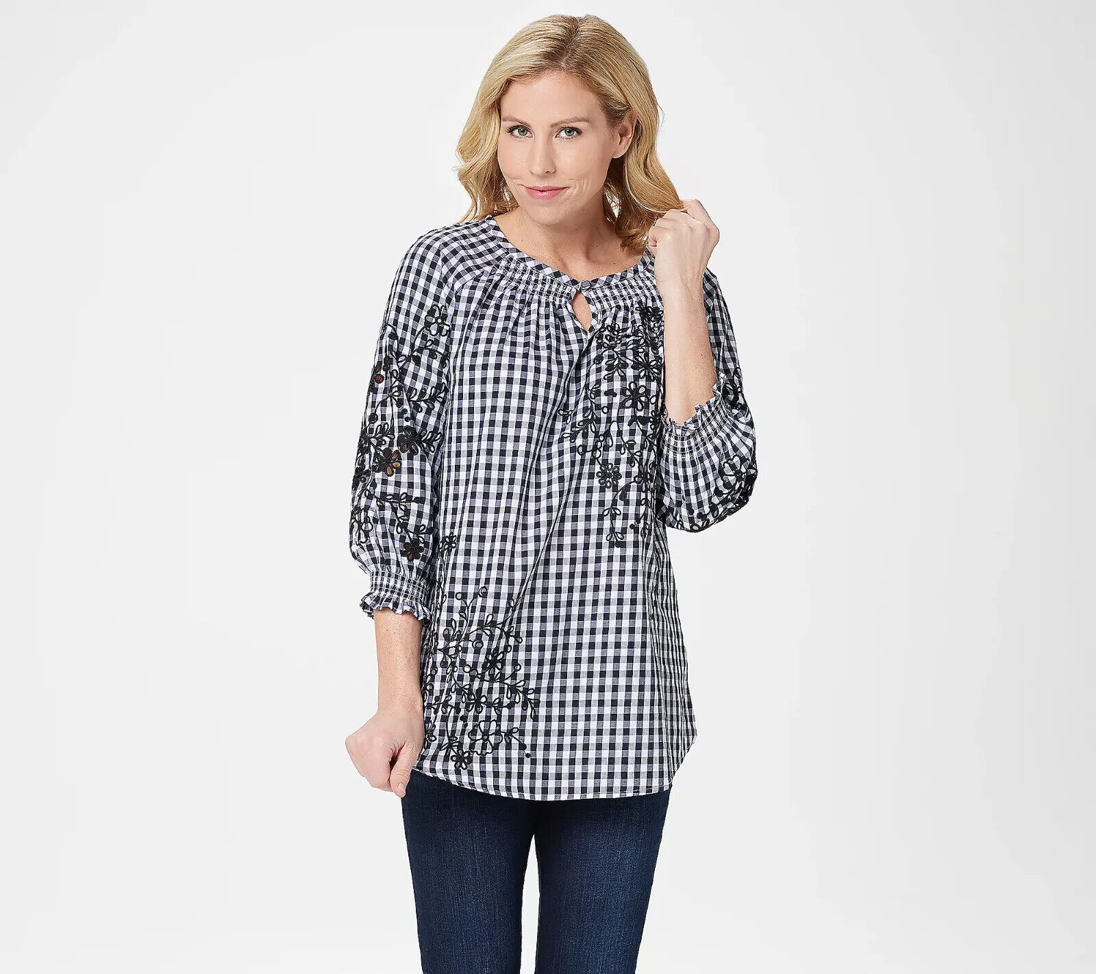 Isaac Mizrahi Live! Gingham Top with Embroidery - Black (Reg 4) a352557