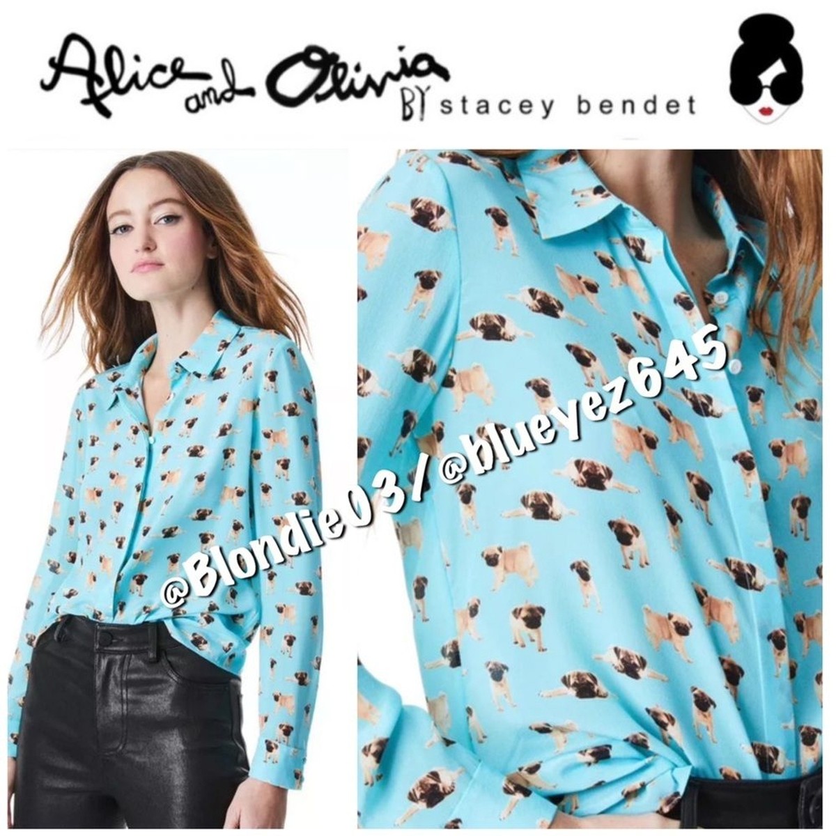 Alice Olivia “Willa” pug party button down shirt XS - Main Image