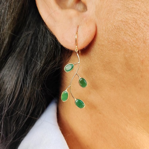 Leaf Shape Danglers Emerald Drop Earrings Dainty Jewellery Solid 14k Yellow Gold - Picture 2 of 5