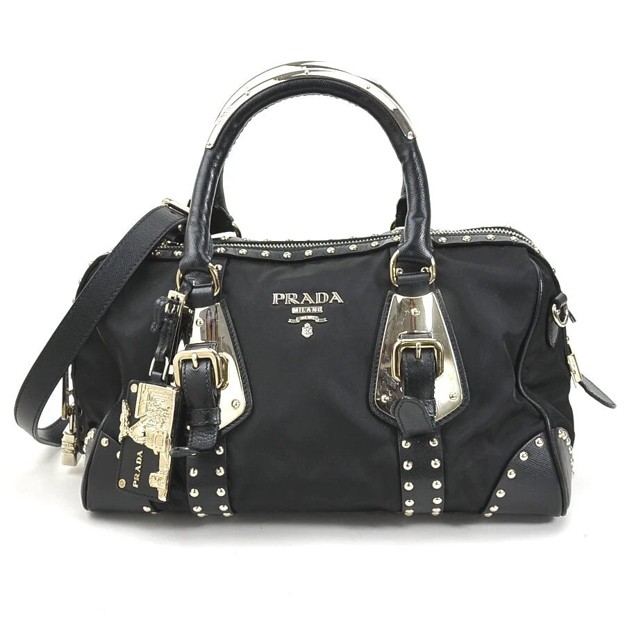 Auth PRADA Studs Handbag Shoulder Bag Black Silver Nylon Leather