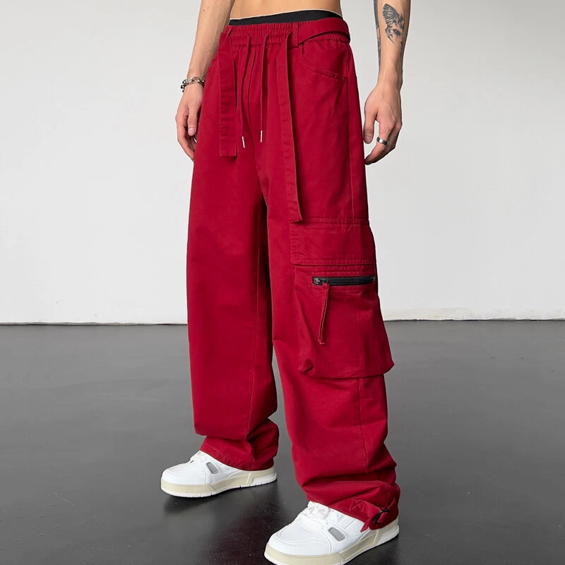 Mens Baggy Cargo Pants | Red Baggy Cargo Pants | Red Black Cargo Pants -  Pants Men Hip - Aliexpress