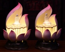 Pair Porcelain Lotus Buddha Lamp Table Desk Altar LED Colorful Light Decor
