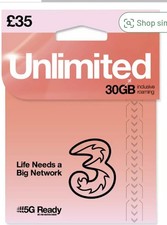 £35 balance available just in £25  unlimited data mintues text three sim card