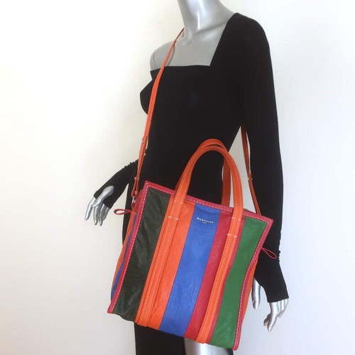 Balenciaga Bazar Small Shopper Tote Orange/Multi Striped Leather Crossbody