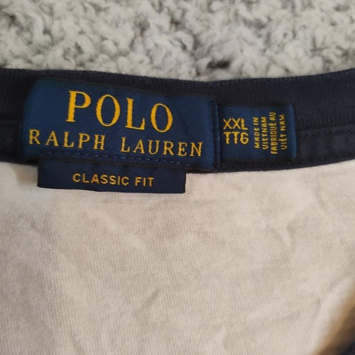 Polo Ralph Lauren Shirt Mens 2XL White Navy Striped Classic Fit Pocket Crewneck - Picture 7 of 9