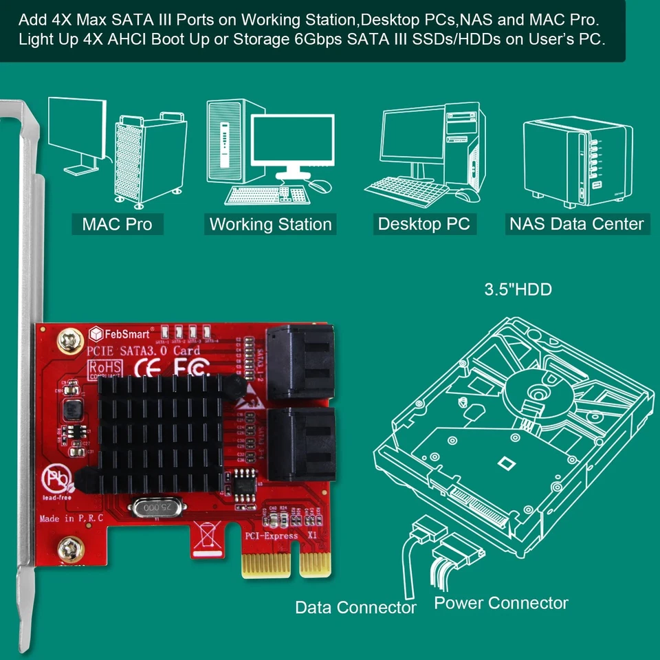 PCIE 3.0 to 4-Ports 6Gbps SATA III Expansion Card for Desktop PCs, Plug and P... - Image 3 of 4
