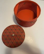 VINTAGE 40s PRINCESS ORANGE PLAID WICKER ROUND BOX SEWING BASKET GOLD KNOB