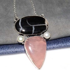 Long Rose Quartz Michigan Septerian 925 Silver Plated Necklace 19