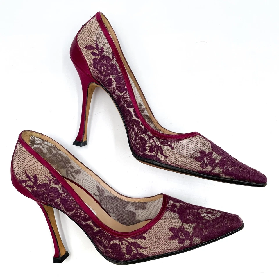 Manolo Blahnik Lace Pumps Burgundy Red Floral Pointed Toe Sheer Sz 37 / 7 - Image 3 of 4