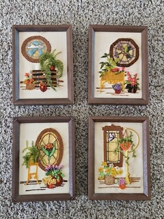 Vintage Embroidered Needlepoint Jiffy Stitchery Framed Plant Pictures