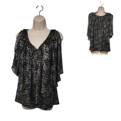 Coco Bianco Women s Floral Print Top Flutter Sleeve Black/Silver Blouse Size M