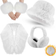 4 Pcs Winter Faux Fur Set for Women Fur Collar Scarf Wrap Winter Fuzzy White
