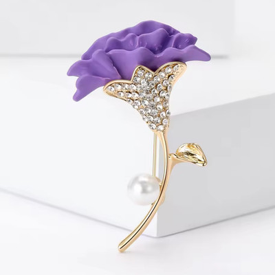 Purple Rhinestone Carnation Brooch Gold Pearl Pin Floral Jewelry Gift For Mom