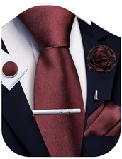 Solid Color Ties for Men Silk Satin Necktie and Pocket Square Maroon Burgundy