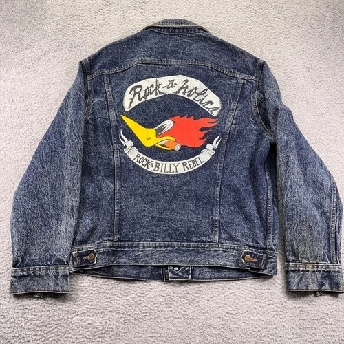 Vtg Lee Denim Trucker Jacket Mens Medium 90s "Rockabilly Rebel" Graphic Print - product listing photo