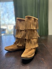MINNETONKA 1632 Moccasin BOOTS 3 Layer FRINGE Suede Leather Sz 7 Boho Hippy
