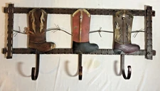 ANTIQUE COWBOY BOOT METAL WALL COAT-TOWEL RACK 3 HOOK 22InX10In