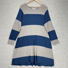 Masai Dress Womens Large Blue Tan Stripe Long Sleeve Swing Trapeze Knit Casual