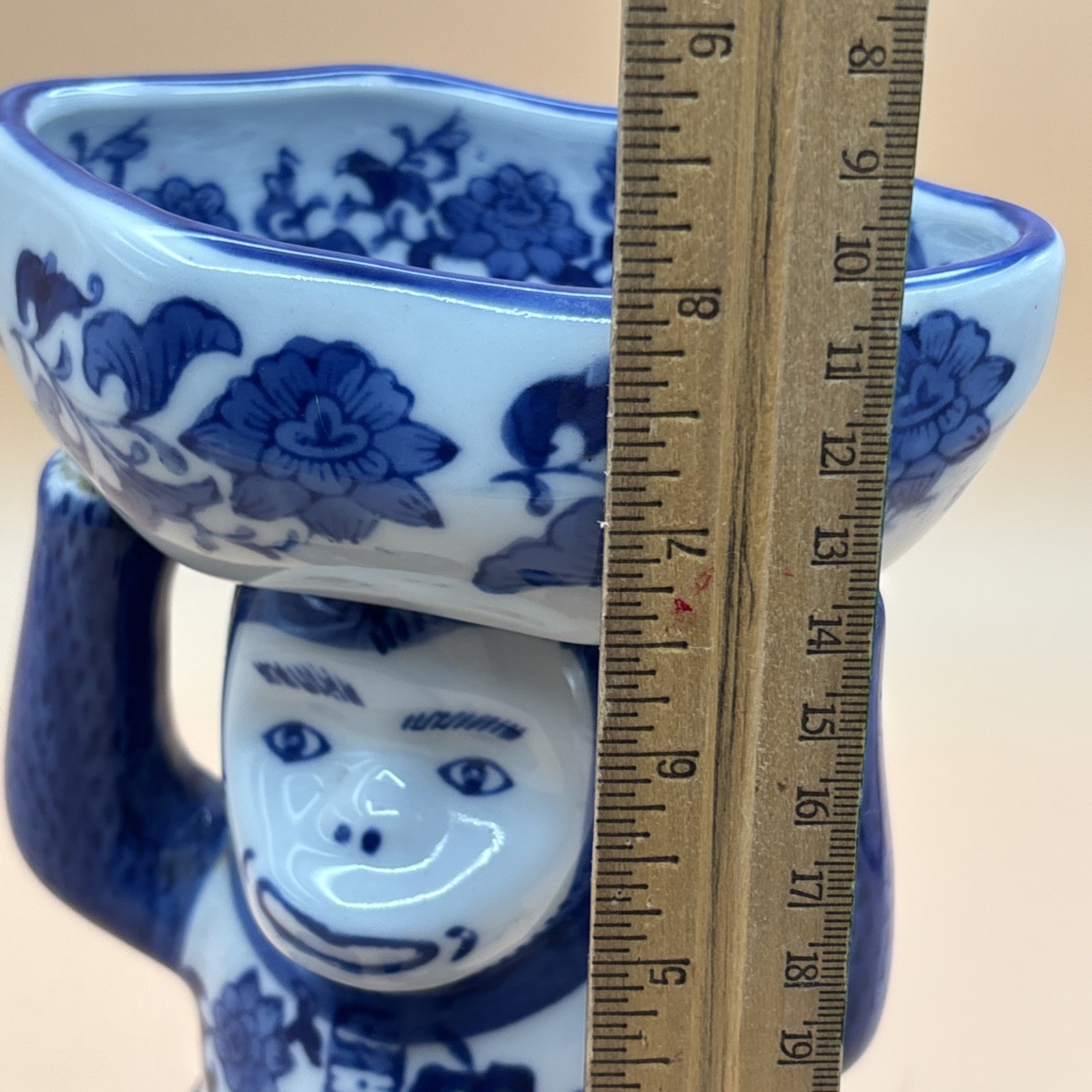 Vintage Chinoiserie Porcelain Monkey Blue White Holding Bowl Trinket Dish Soap