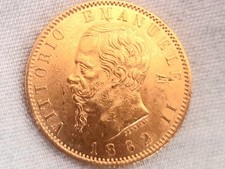 ITALIAN 20 LIRE GOLD COIN, DATED 1863.