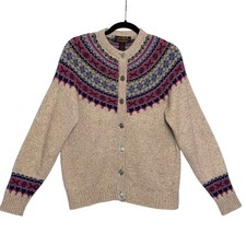 Eddie Bauer Womens Fair Isle Wool Cardigan Sweater Nordic Cozy Size M Vintage US