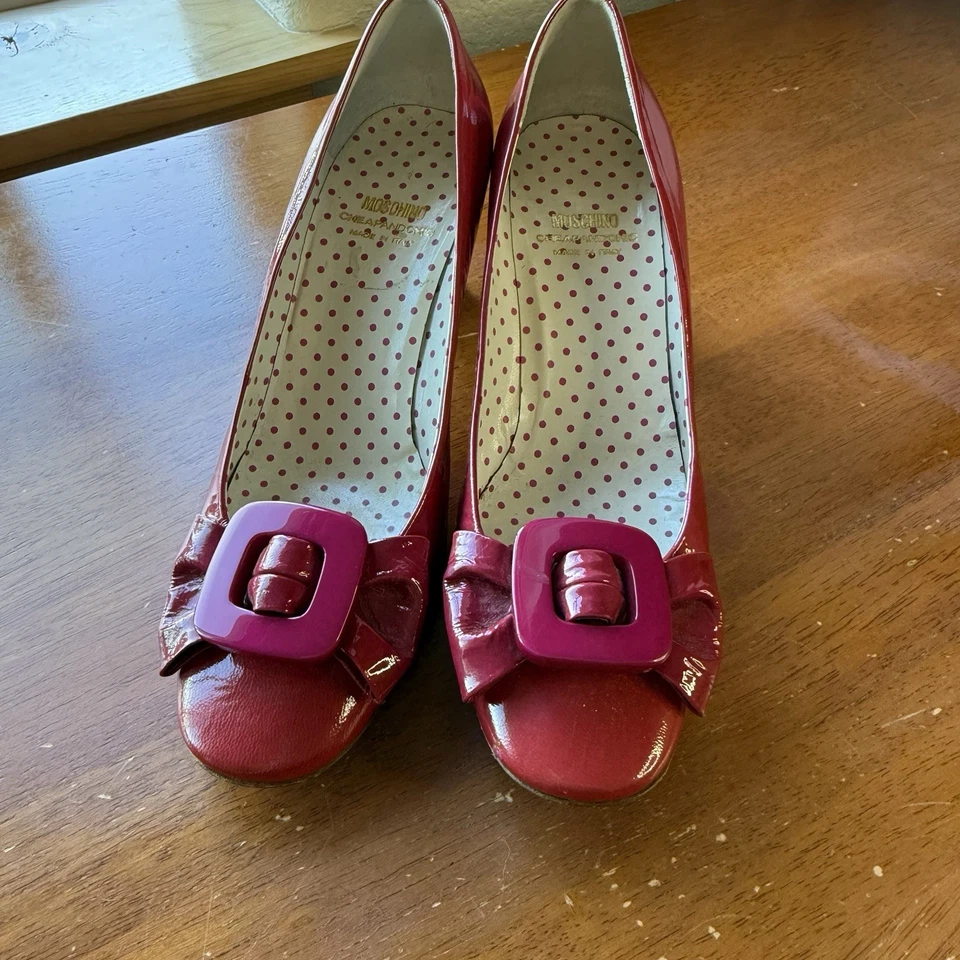 Mooching Cheap Chic Patent Leather Shoes Heels Pink Red 36.5 6.5 Bows Buckles - Image 2 of 4