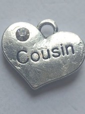 1 OR 4 "COUSIN" TIBETAN SILVER RHINESTONE  HEART  FAMILY THEME CHARM
