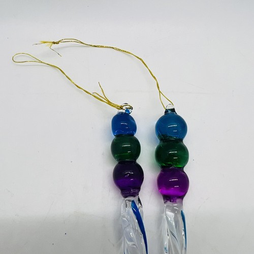 2 Hand Blown Twisted Art Glass Finial Icicle Christmas Ornament Multicolor Blue - Picture 2 of 3