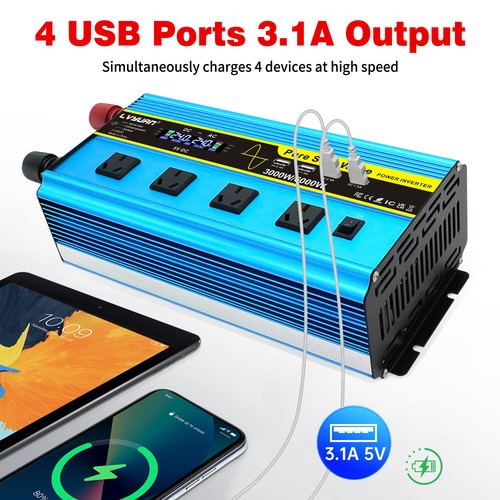 Pure Sine Wave 3000W 6000W Power Inverter 24V to 240V 4USB 4AC Remote Control - Picture 2 of 9