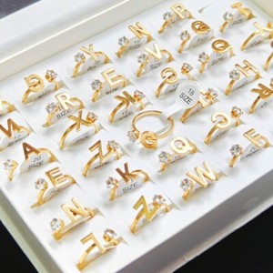 Authentic Bulk Lot 24pcs Gold Plated Letter Zircon Rings Women Charm Wedding Party Jewelry