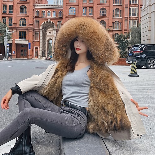 Women Winter Coats Real Raccoon Fur Collar Liner Hooded Short Jackets Warm Parka - Picture 29 of 38