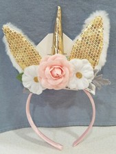 Bunny Rabbit Unicorn Headband Flowers Pink Gold Sparkle Mystical Make Believe 