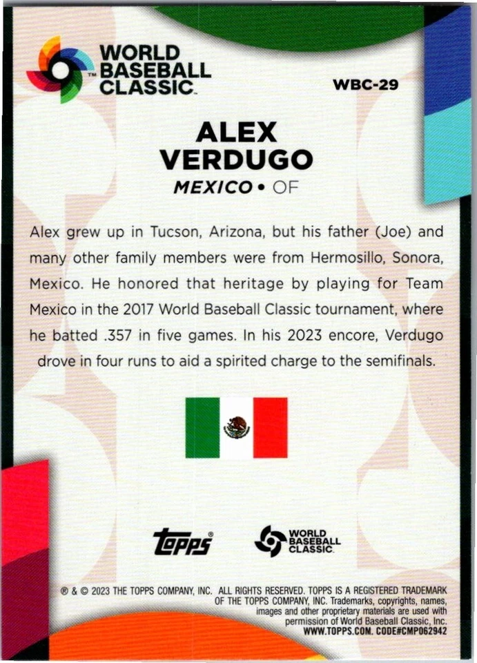 2023 Topps Series 1 BASEBALL #WBC-29 ALEX VERDUGO - Image 2 of 2