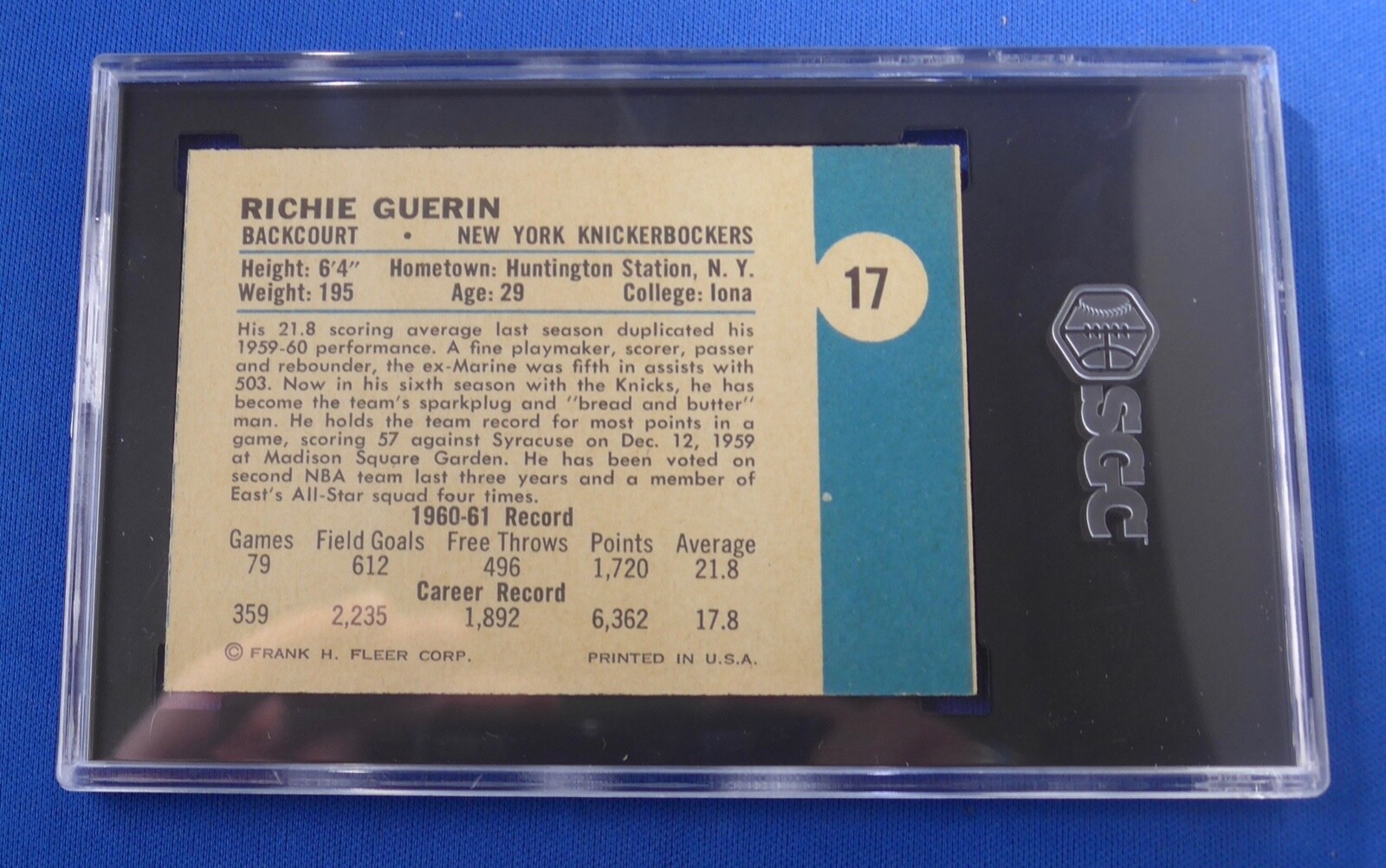 RICHIE GUERIN HOF rookie 1961 Fleer 17 SGC Graded 6.5 EX/NM+ New York