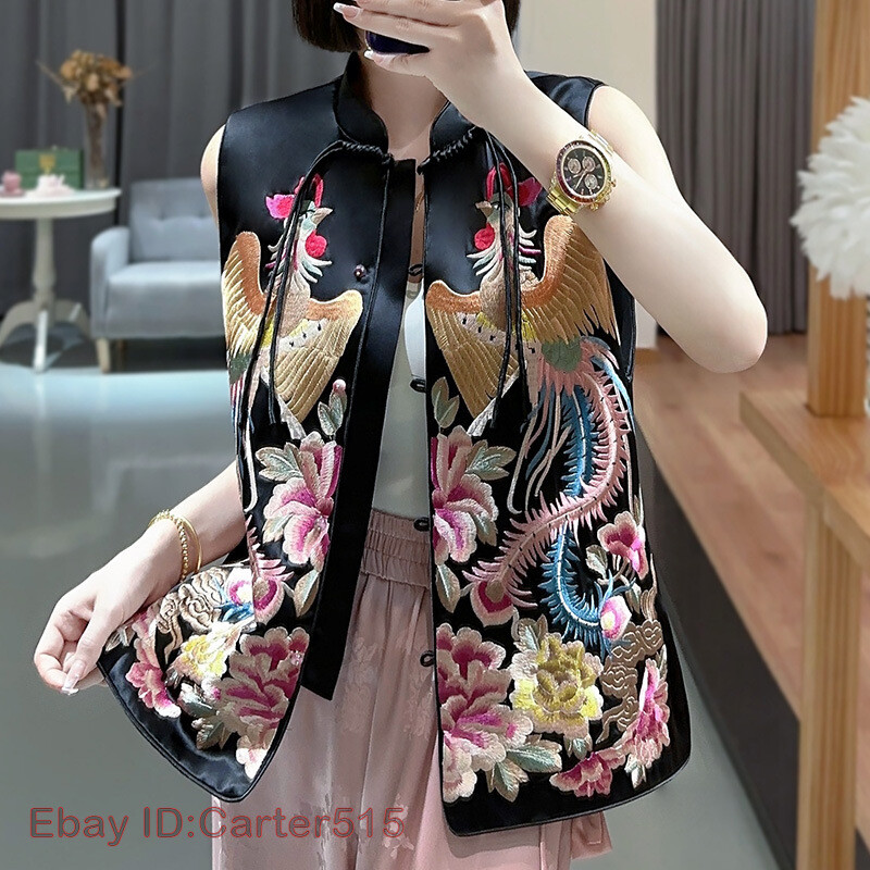 Embroidery Womens Chinese Style Imitated Silk Satin Retro Vest Waistcoat Top image 5