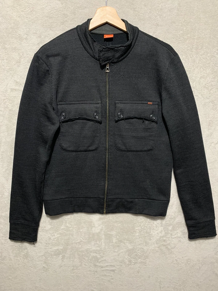 Hugo Boss Small Black Jumper Jacket Striped Sweater Cardigan Zipped Mens Pockets