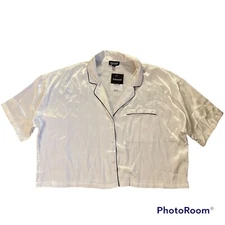 NWT Topshop Boxy Blouse White Black Piping Trim Size 10 Short Sleeve Button Up