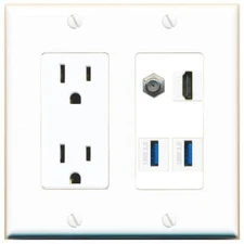 COAX HD 2 USB-3 Port Wall Plate w/Power Outlet White