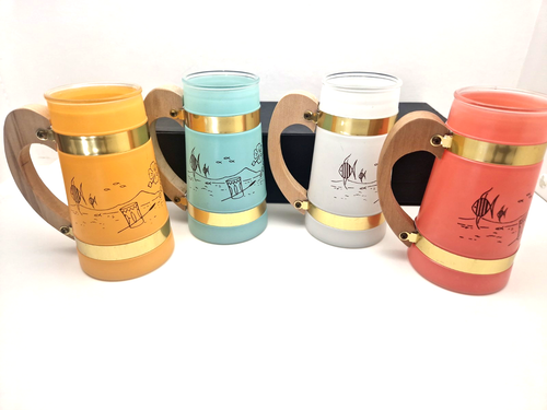 🐦🔥 Siesta Ware Tiki Mugs – 4 Gläser – Frosted – Holzgriff – Vintage MCM - Bild 2 von 3