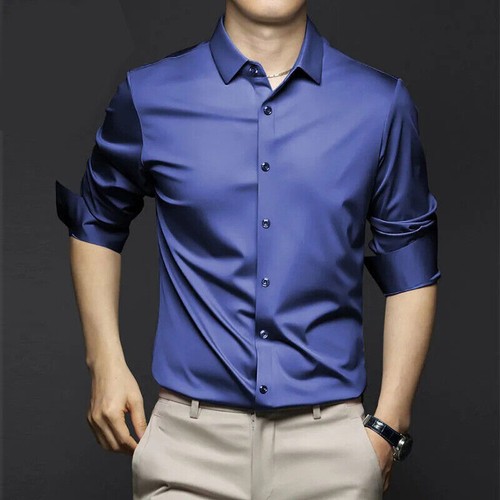 Neu S-4XL Herren Hemd Seide Satin Glatt Herren Einfarbig Smoking Businesshemd Übergröße - Bild 14 von 41