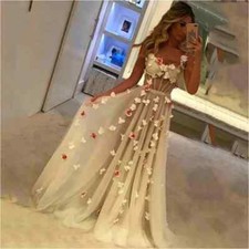 3D Flowers Long Prom Dresses Tulle Evening Gowns Backless Princess Formal Dress