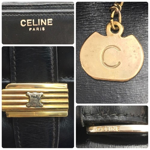 Celine Shoulder Bag Leather Pochette Triomphe Gold Hardware Black Good F/S - Picture 9 of 10
