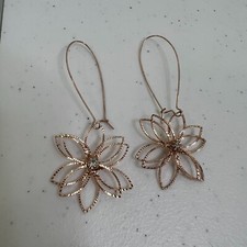 Flower Earrings Dangle Drop Rose Gold Tone Rhinestone Dainty Wire Thin