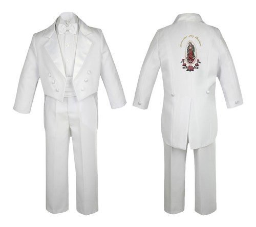 Baby Boy Baptism Formal White Tail Suit Gold Guadalupe Virgin Mary On Back SM-20 - Picture 17 of 20