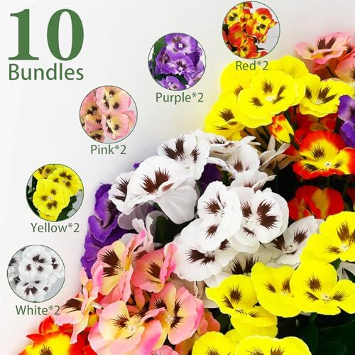 10 Bundles Artificial Pansy Flowers UV Resistant Plastic Plants for