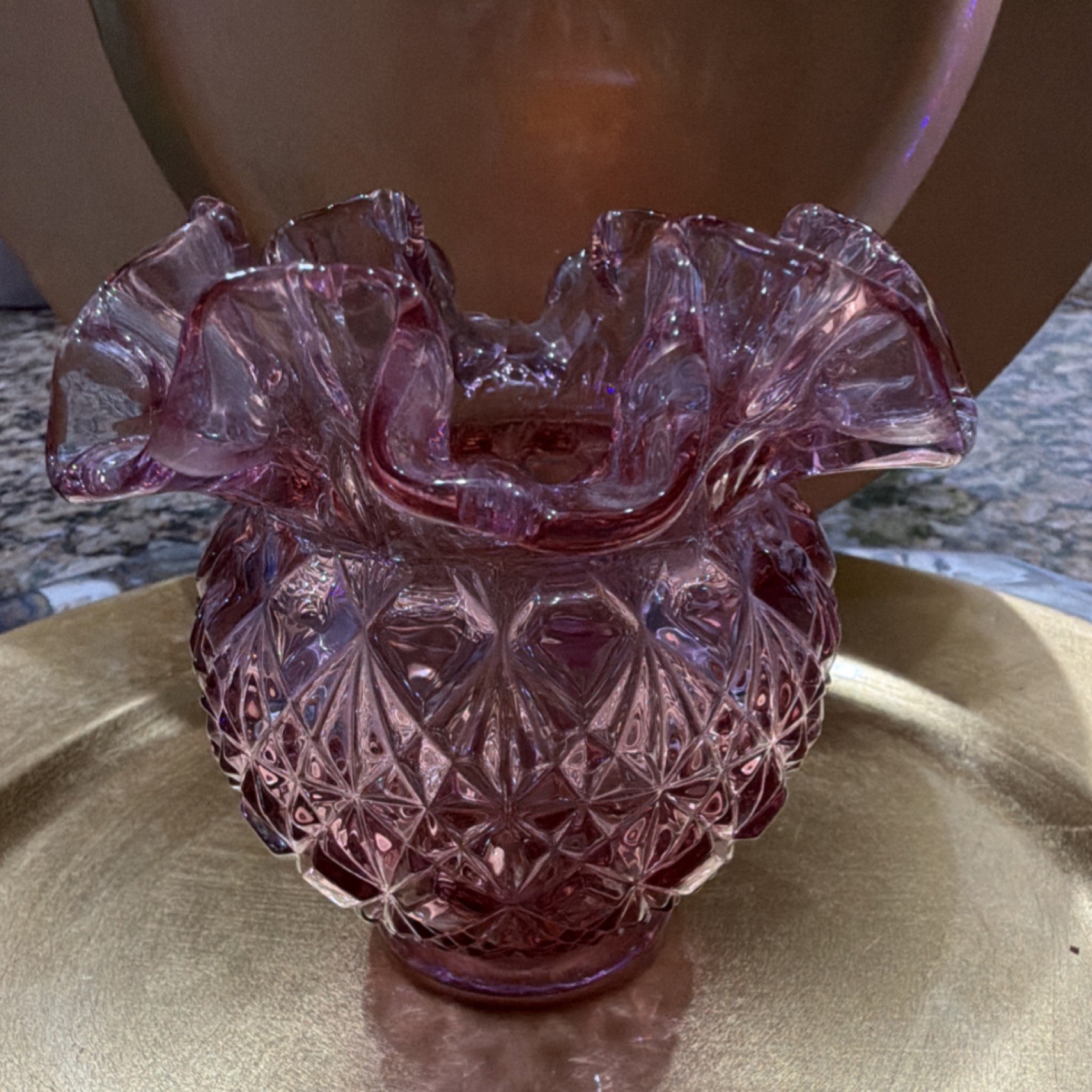 Fenton Pink Pressed Glass Vase Diamond Ruffled Decorative Glossy Collectible