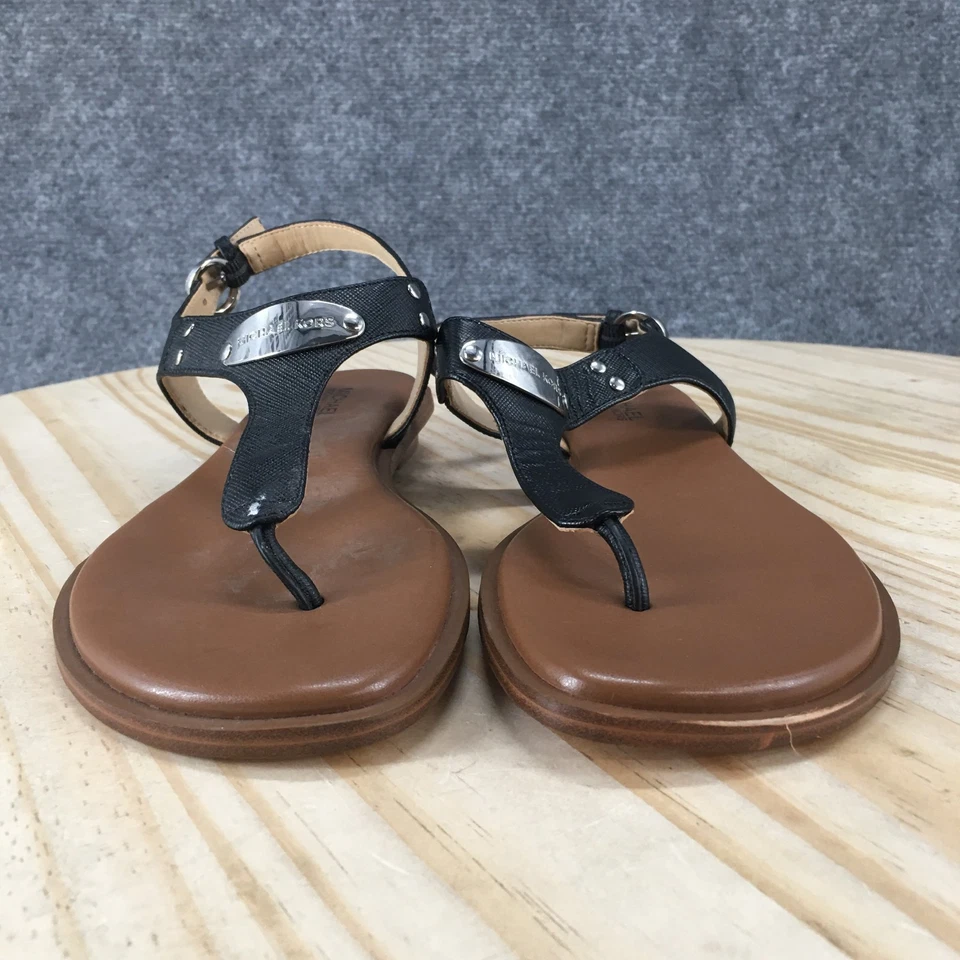 NUEVAS Sandalias Michael Kors Para Mujer 6.5 M MK Placa Cordones Tanga Cuero Negro Foto 4 de 4