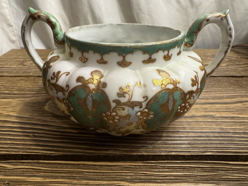 Antique Porcelain Double Handle Sugar Bowl Turquoise Gold Rococo Scalloped