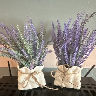 2 Artificial Faux Lavender Arrangements & Centerpieces in White Pots, Plastic
